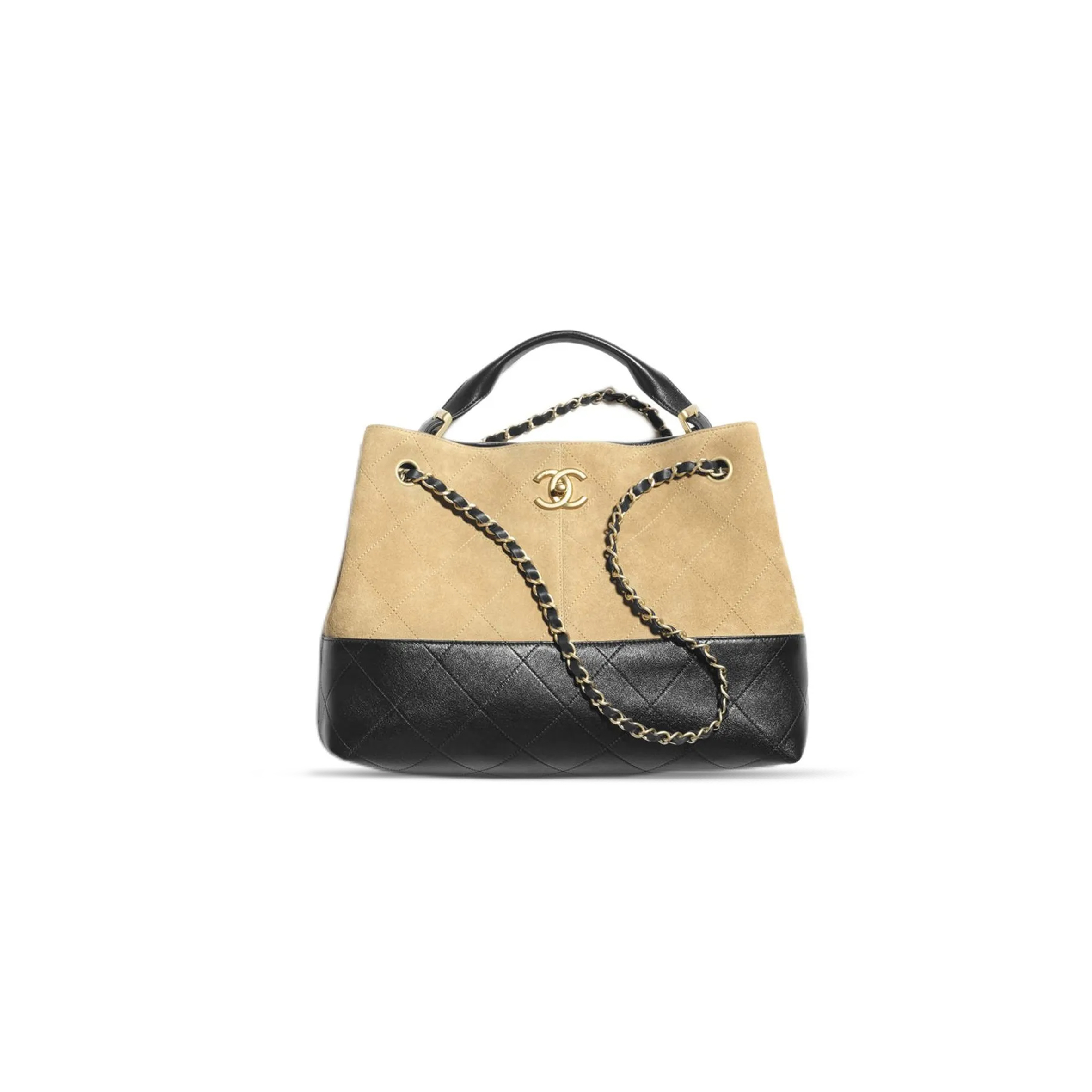 CHANEL SHOPPING BAG SUEDE CALFSKIN, SHINY LAMBSKIN & GOLD-TONE METAL BEIGE & BLACK AS5634 (36*24*12cm)